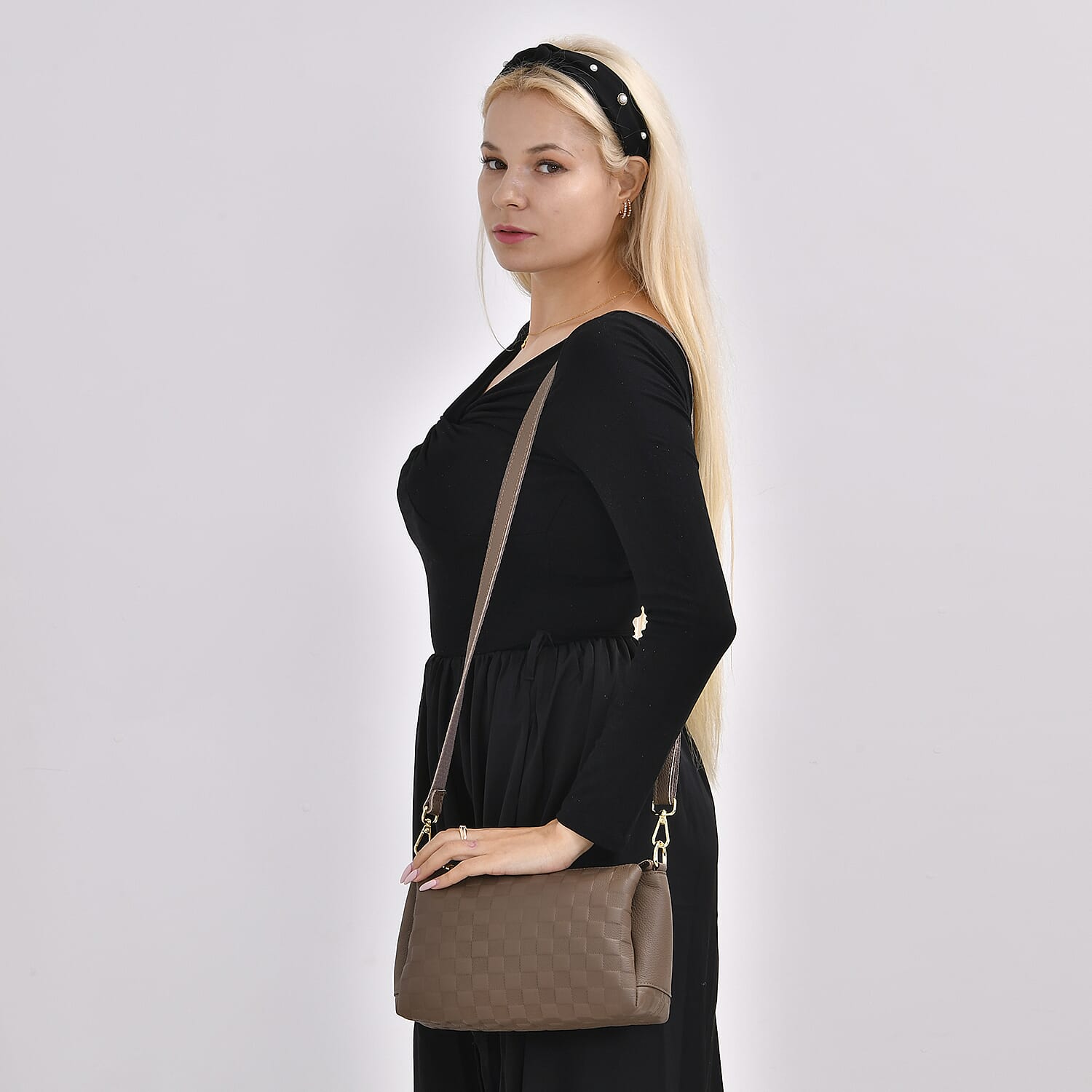 Designer Inspired -3D Checker Embossed Pattern Genuine Leather Crossbody Bag - Brown