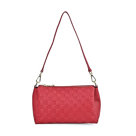 3D Checker Embossed Pattern Genuine Leather Crossbody Bag - Burgundy