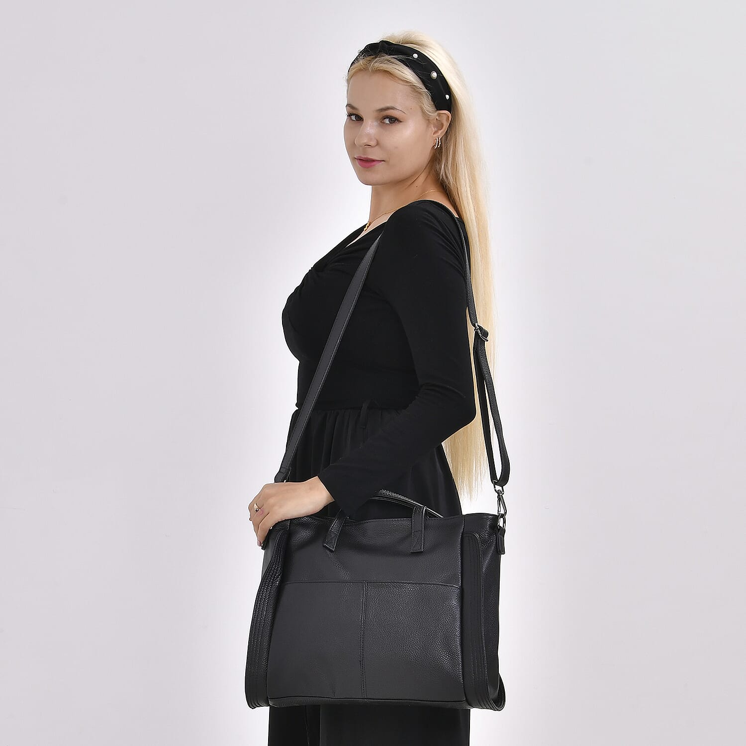 Genuine Leather Solid Tote Bag - Black