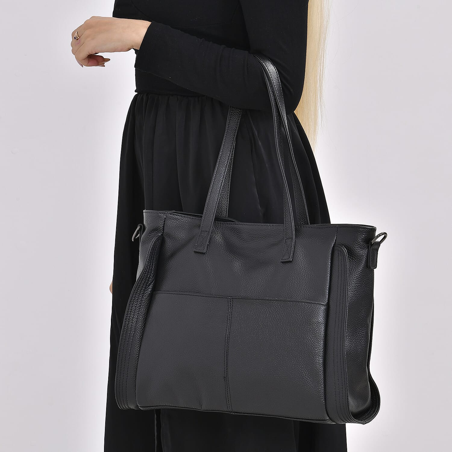 Genuine Leather Solid Tote Bag - Black