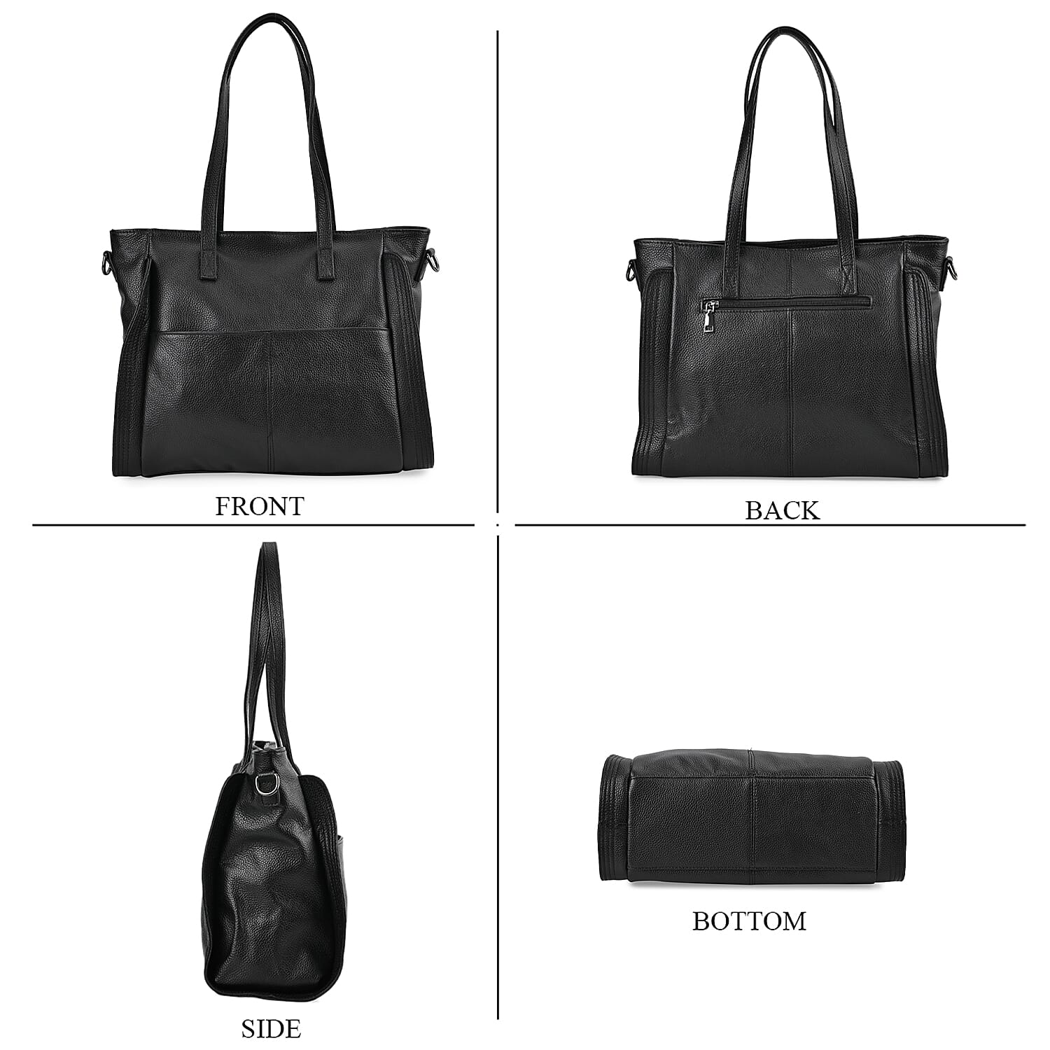 Genuine Leather Solid Tote Bag - Black