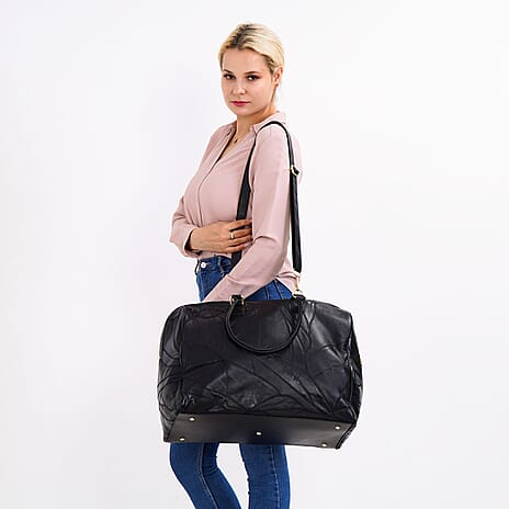 Stylish Sheepskin Leather Travel Bag With Detachable Shoulder Strap - Black