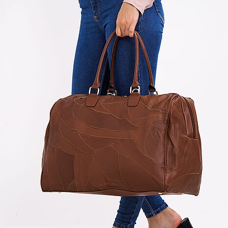 Closeout Deal - Genuine Leather Travel Bag with Shoulder Strap - Brown