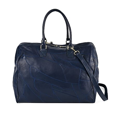 100% Genuine Leather DUFFLE Bag With Detachable Shoulder Strap - Navy