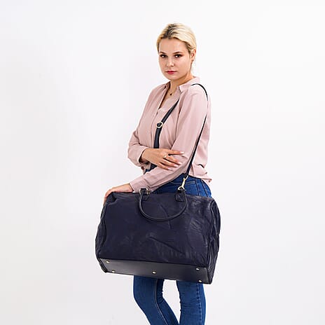 Closeout Deal - Genuine Leather Travel Bag with Shoulder Strap - Blue