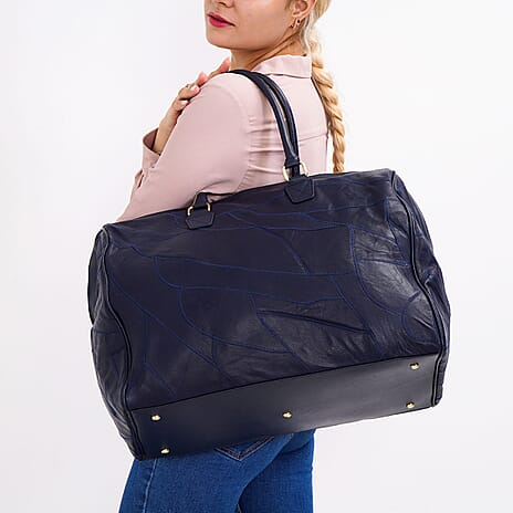 Closeout Deal - Genuine Leather Travel Bag with Shoulder Strap - Blue