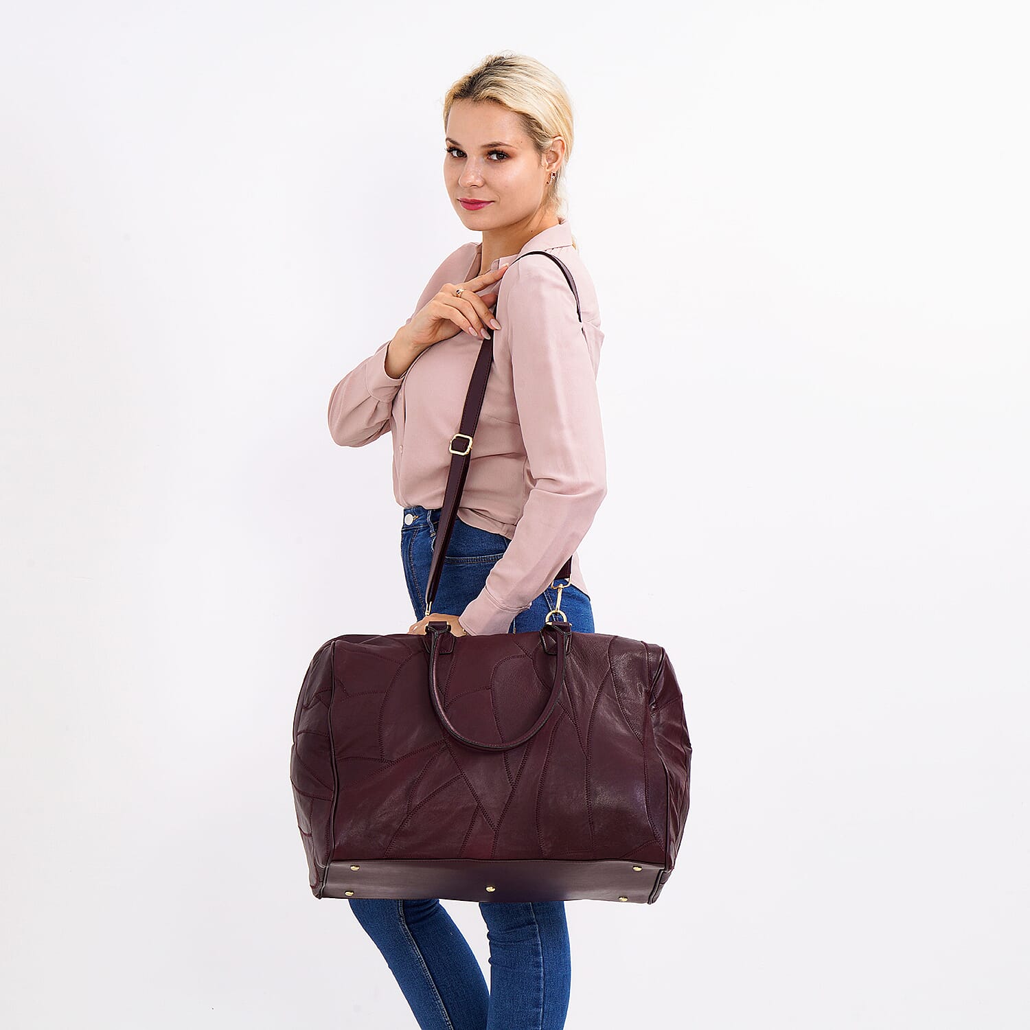 100% Genuine Leather DUFFLE Bag With Detachable Shoulder Strap - Burgundy