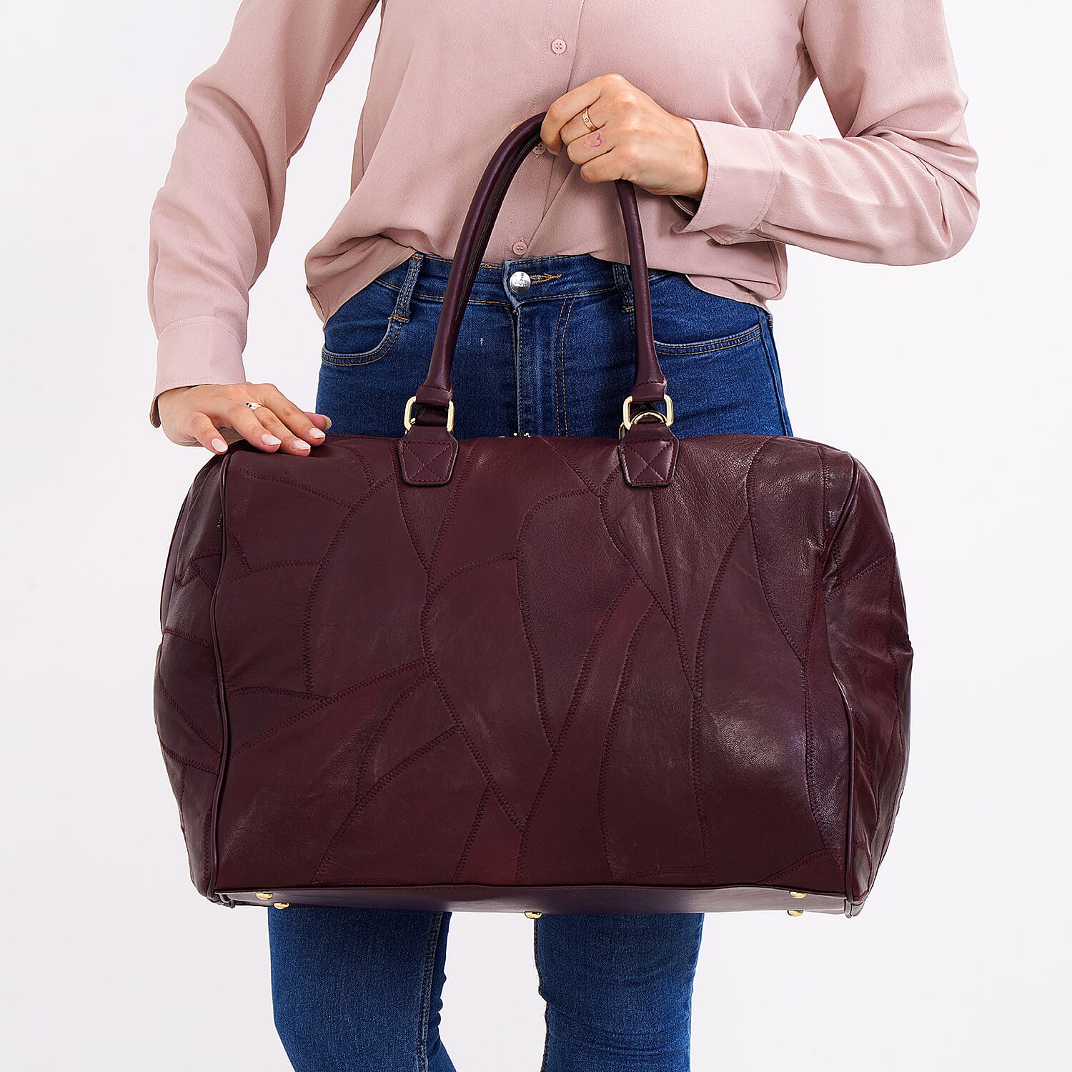 100% Genuine Leather DUFFLE Bag With Detachable Shoulder Strap - Burgundy