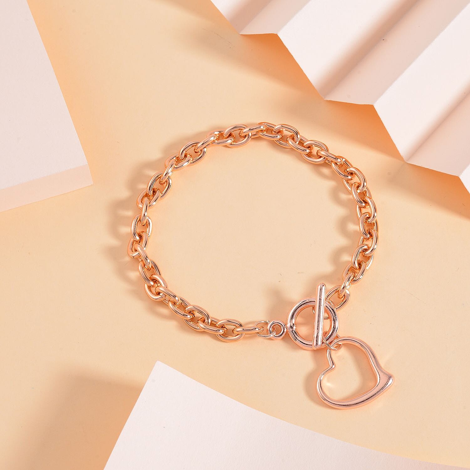 Designer CLOSEOUT - Belcher Link T-Bar Toggle Clasp Heart Charm Rose Gold Plated Bracelet (Size 8)