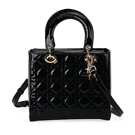 LA MAREY Genuine Leather Quilted Lattice Crossbody Bag with Handle Drop - Black