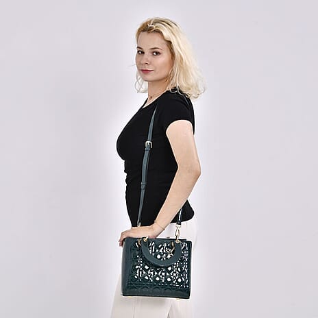 Genuine Leather Quilted Lattice Crossbody Bag with Handle Drop - Green