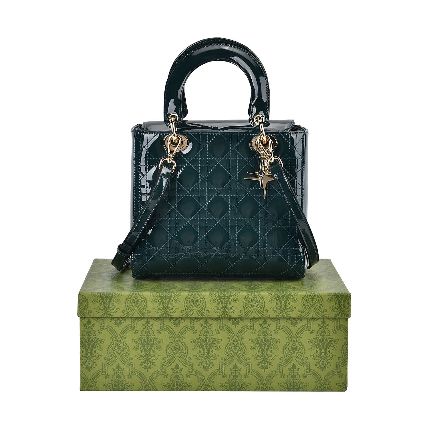 Genuine Leather Quilted Lattice Crossbody Bag with Handle Drop - Green Genuine Leather Quilted Lattice Crossbody Bag with Handle Drop - Green