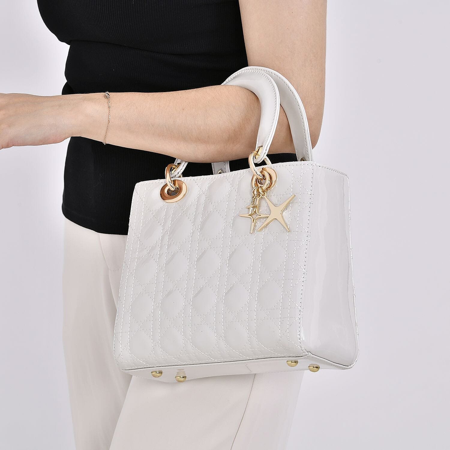 100 % Genuine Leather Quilted Lattice Pattern Crossbody Bag - White