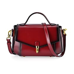 Designer Close Out - Genuine Leather Crossbody Bag with Shoulder Strap & Exterior Zipped Pocket - Burgundy