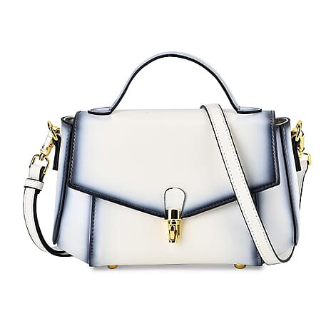 Designer Close Out - Genuine Leather Crossbody Bag with Shoulder Strap & Exterior Zipped Pocket - White