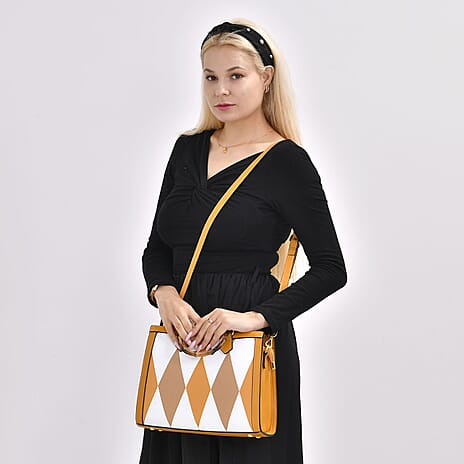 Genuine Leather Diamond Pattern Crossbody Bag with Shoulder Strap - Yellow & Multi