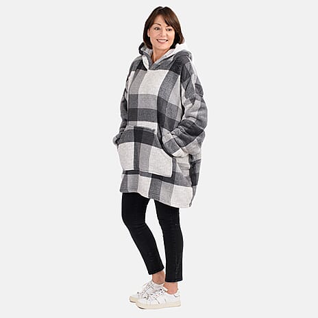 Oversized Sherpa Fleece Hoodie (One Size) - Checker