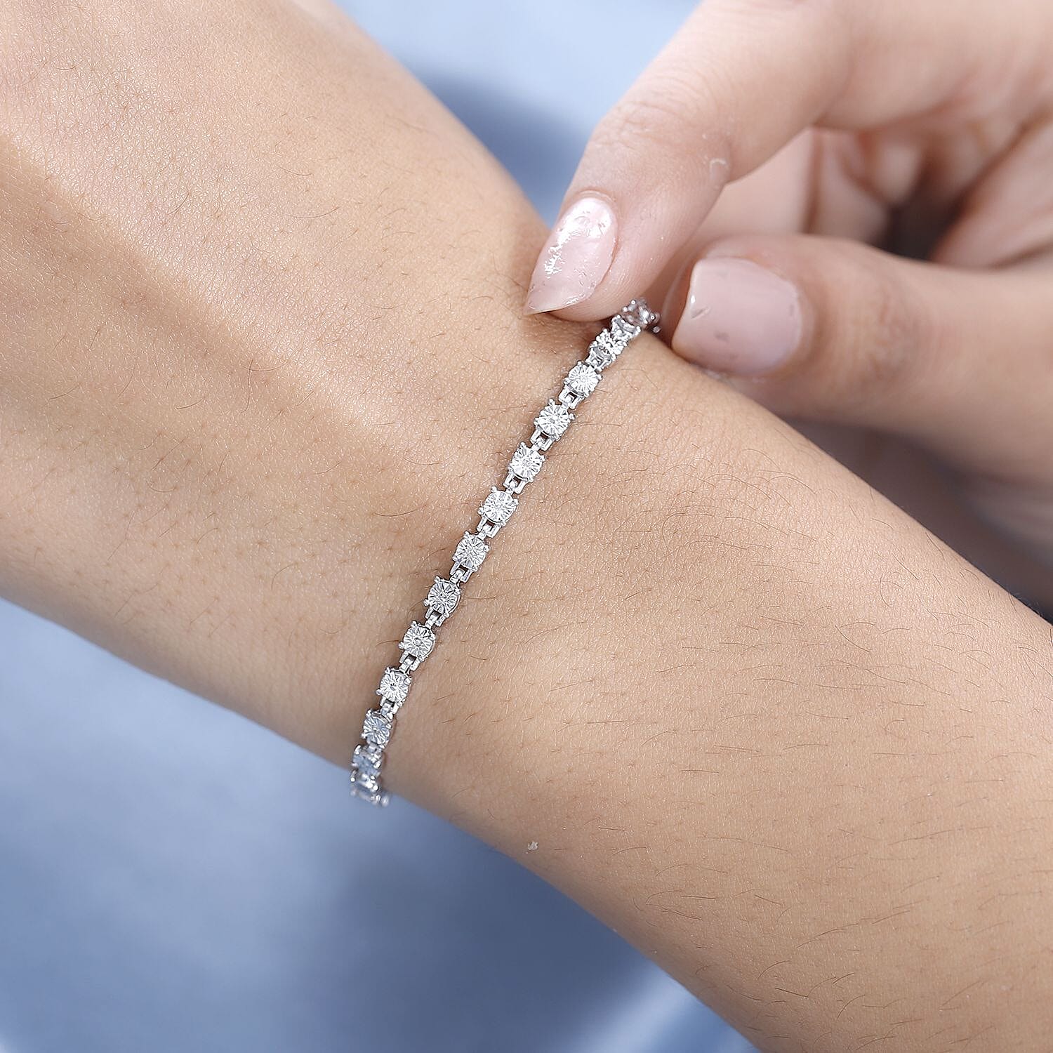 White Diamond Fancy Bracelet (Size - 7.5) in Platinum Overlay Sterling Silver 0.06 ct, Silver Wt. 5.35 Gms 0.057 Ct.