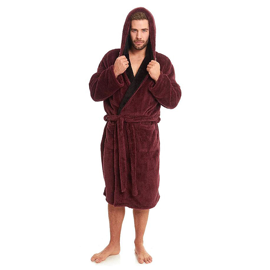 Premium Luxury Toweling Teddy Fleece Mens Robe - Maroon Size L