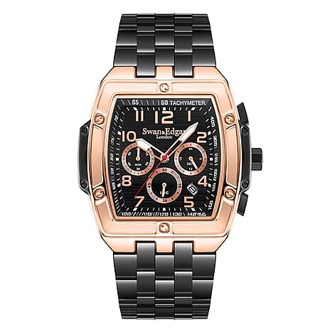 Limited Edition Swan and Edgar Hand Assembled Ambassador Seiko Quartz Movt. Black Dial 3ATM WR Watch with Stainless Steel Chain Strap