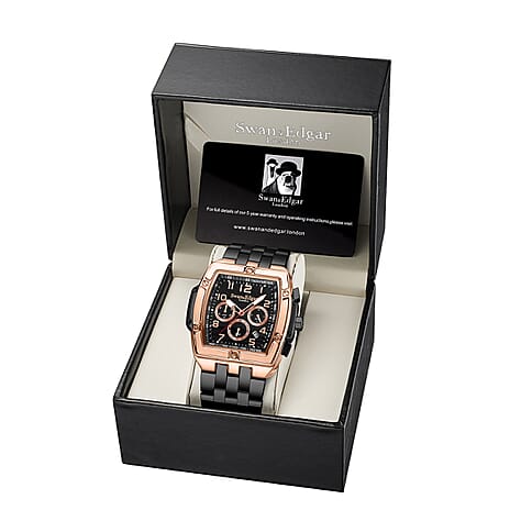 Limited Edition Swan and Edgar Hand Assembled Ambassador Seiko Quartz Movt. Black Dial 3ATM WR Watch with Stainless Steel Chain Strap