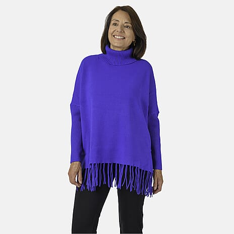 Mudflower Roll Neck Fringe Hem Jumper (One Size 12-14) - Blue
