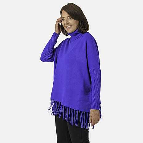 Mudflower Roll Neck Fringe Hem Jumper (One Size 12-14) - Blue