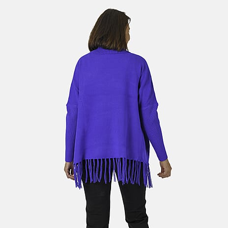 Mudflower Roll Neck Fringe Hem Jumper (One Size 12-14) - Blue