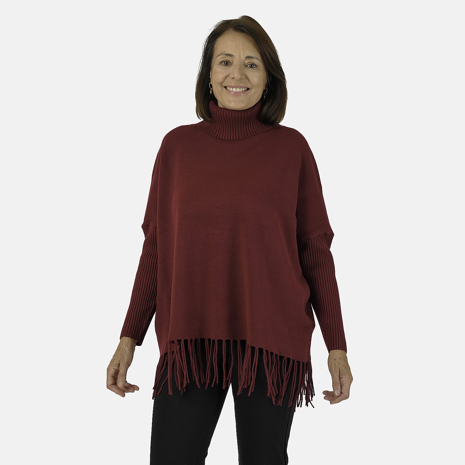 Mudflower Roll Neck Fringe Hem Jumper (Size 12-14) - Wine