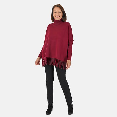 Mudflower Roll Neck Fringe Hem Jumper (Size 16-18) - Wine