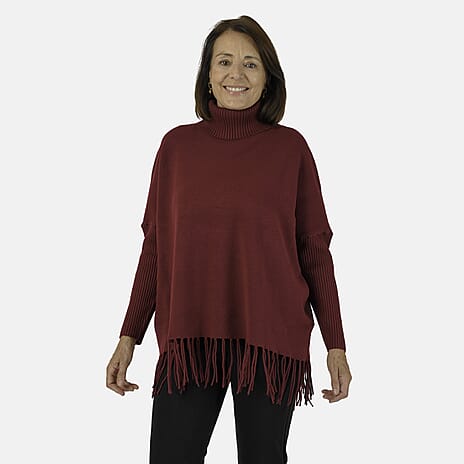Mudflower Roll Neck Fringe Hem Jumper (Size 16-18) - Wine