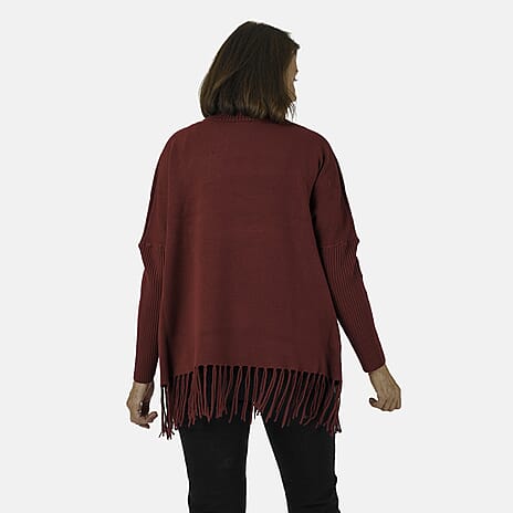 Mudflower Roll Neck Fringe Hem Jumper (Size 16-18) - Wine