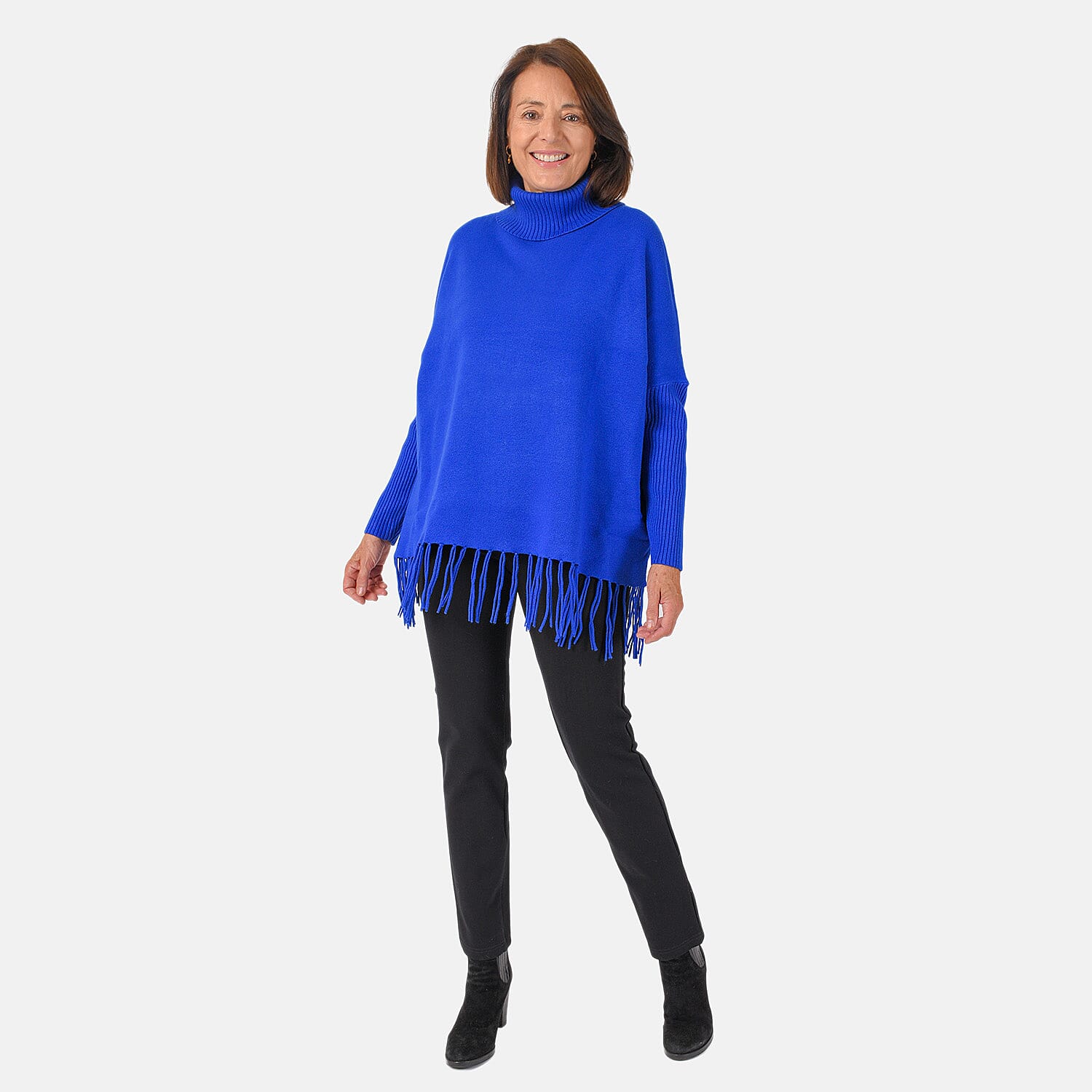 Mudflower Roll Neck Fringe Hem Jumper (One Size 14-16) - Blue