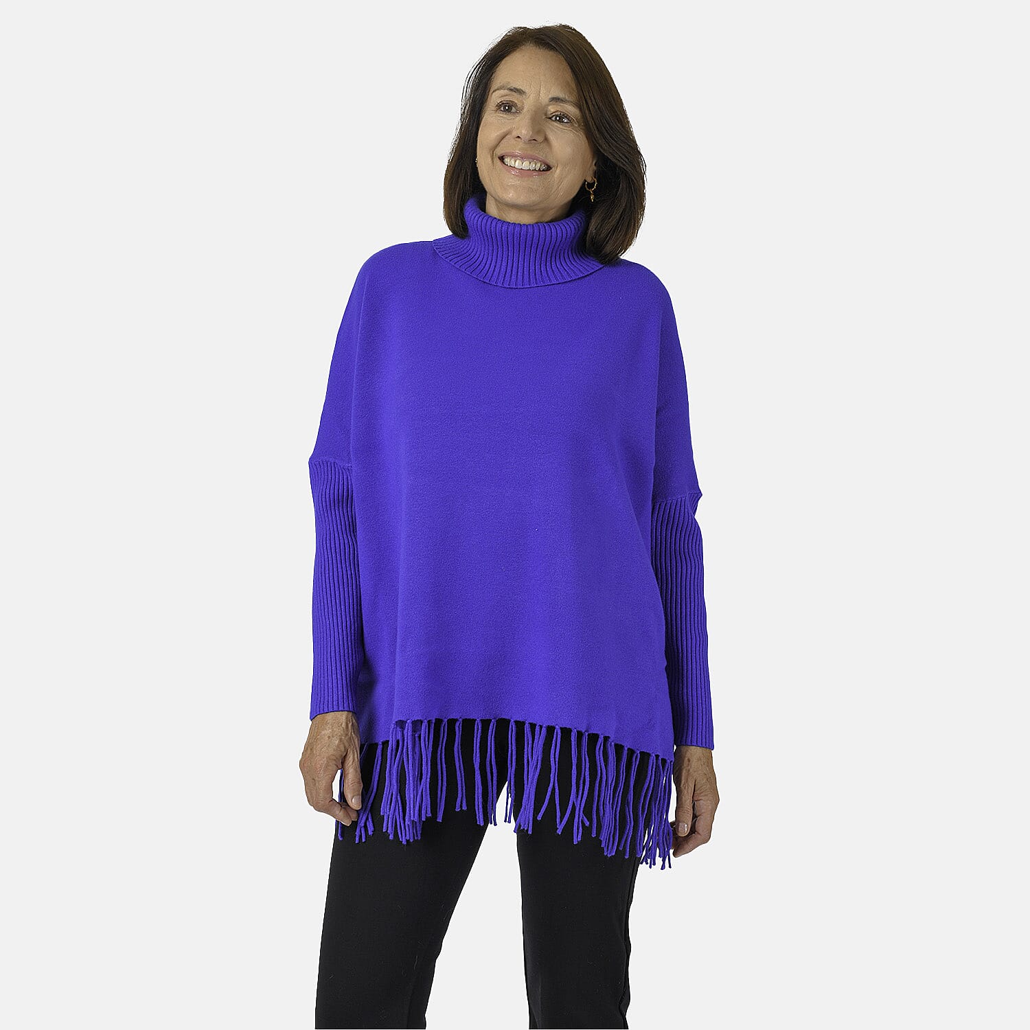 Mudflower Roll Neck Fringe Hem Jumper (One Size 14-16) - Blue