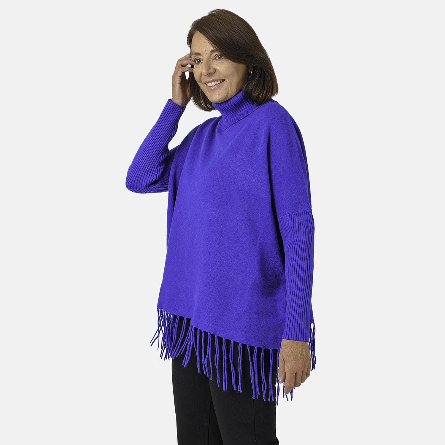 Mudflower Roll Neck Fringe Hem Jumper (One Size 14-16) - Blue