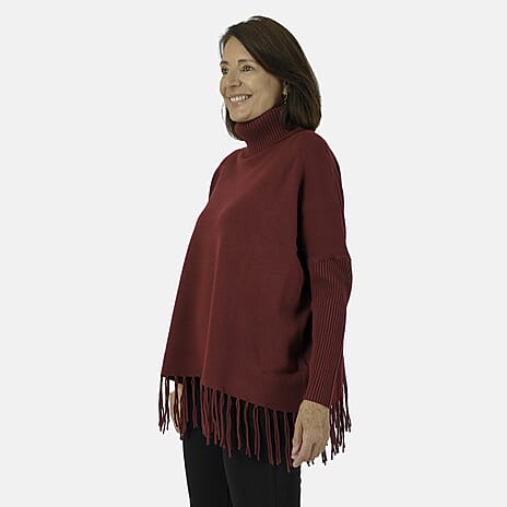 Mudflower Roll Neck Fringe Hem Jumper (Size 14-16) - Wine
