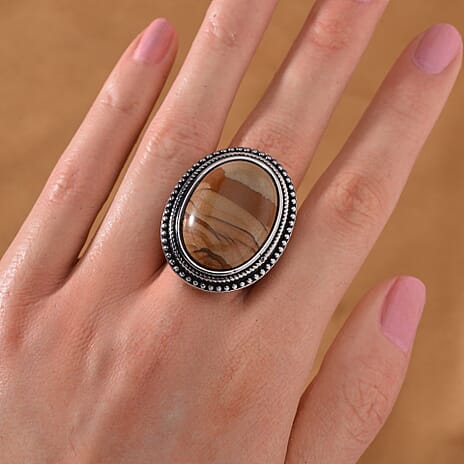 Picture Jasper Oval Shape Ring with Oxidized 50.00 Ct.