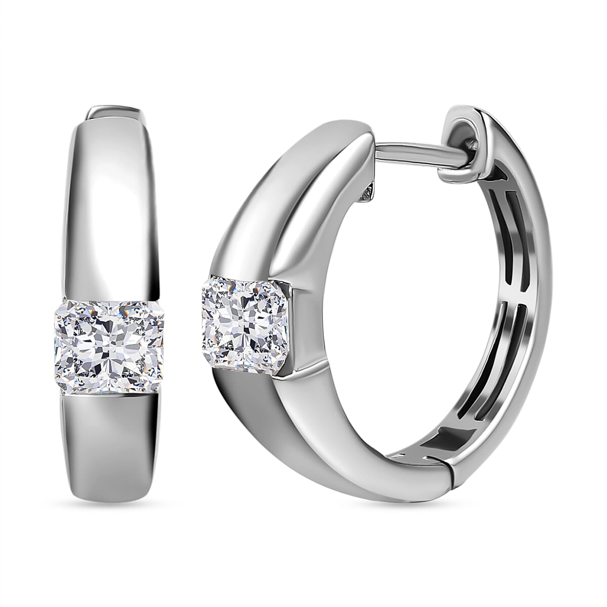 Moissanite (Asscher Cut) Hoop Earrings in Platinum Overlay Sterling Silver 1.34 Ct, Silver Wt. 6.39 Gms