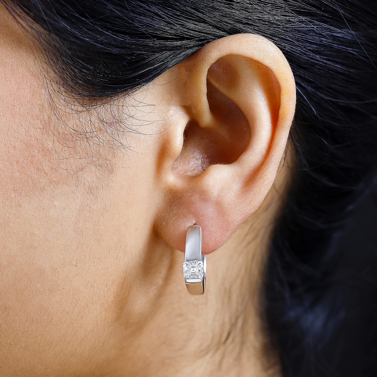 Moissanite (Asscher Cut) Hoop Earrings in Platinum Overlay Sterling Silver 1.34 Ct, Silver Wt. 6.39 Gms