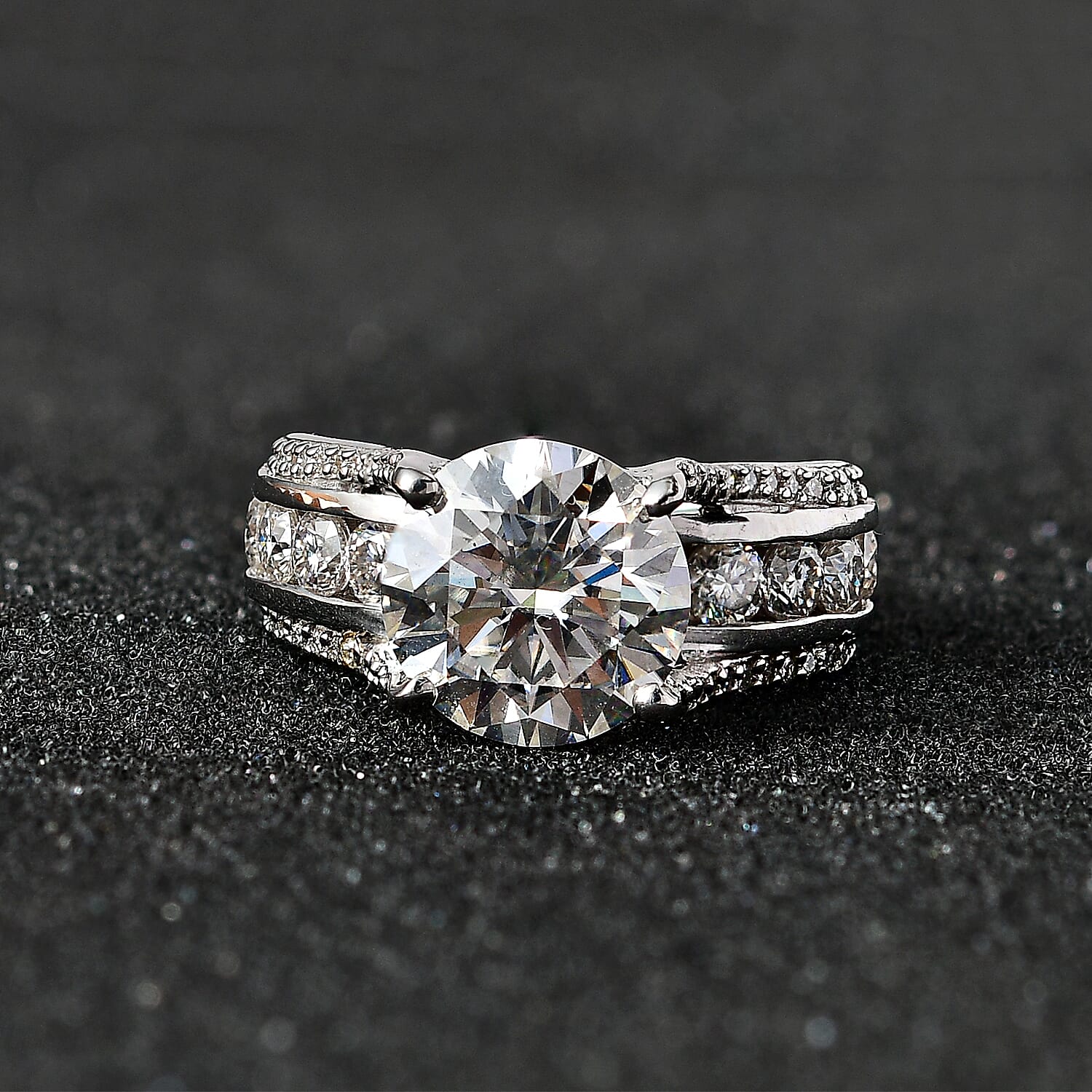 Exclusive Edition - Moissanite Bridge Ring in Platinum Overlay Sterling Silver 4.98 Ct, Silver Wt. 5.49 Gms