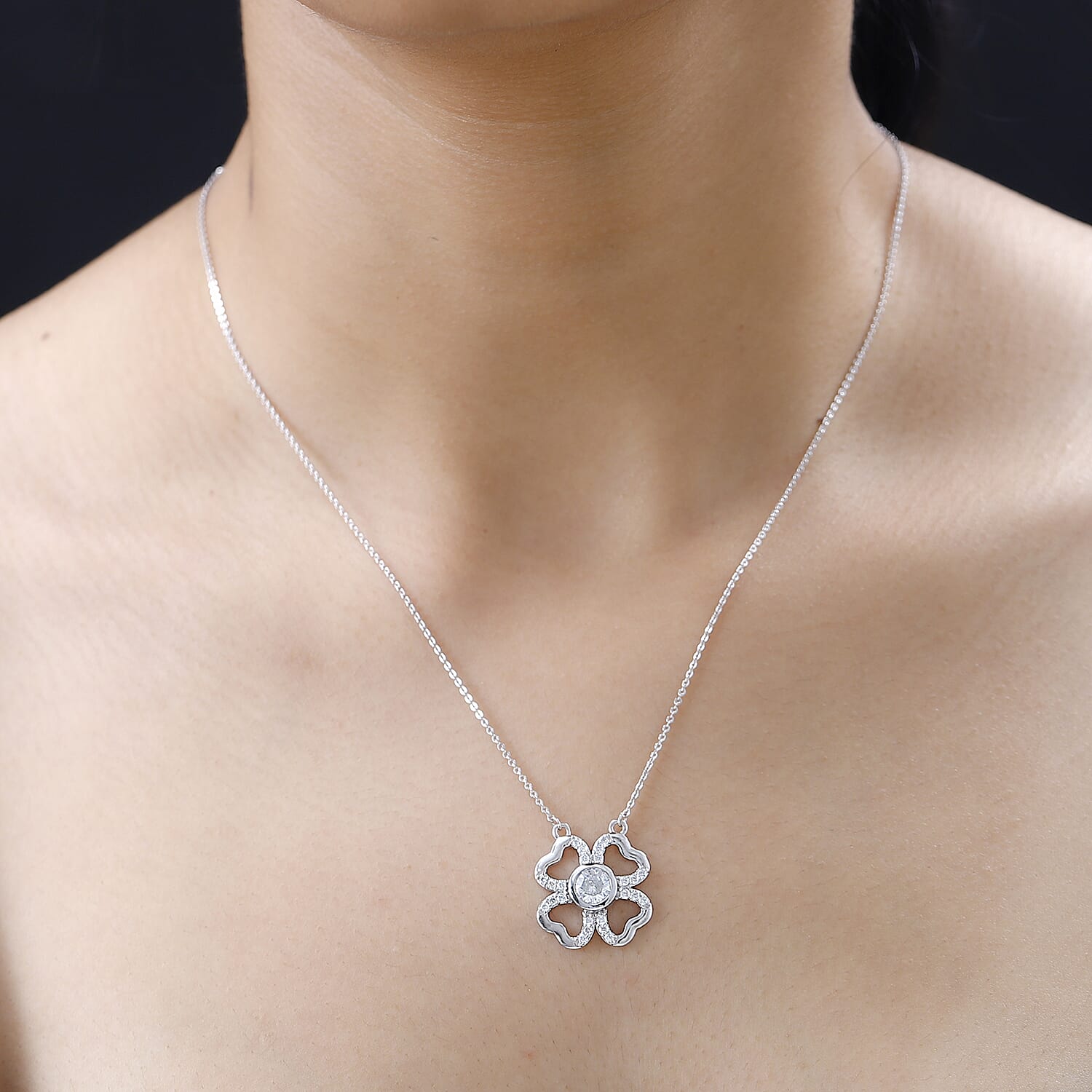 Designer Inspired - Moissanite Clover Necklace (Size - 20) in Platinum Overlay Sterling Silver