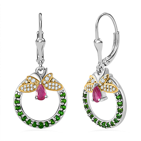 GP Italian Garden Collection African Ruby , Blue Sapphire , Natural Chrome Diopside , White Zircon Fancy Drop Earring Sterling Silver with an 18K Vermeil Yellow Gold and Platinum Overlay 2.79 ct, Silver Wt. 5.5 Gms 1.848 Ct.