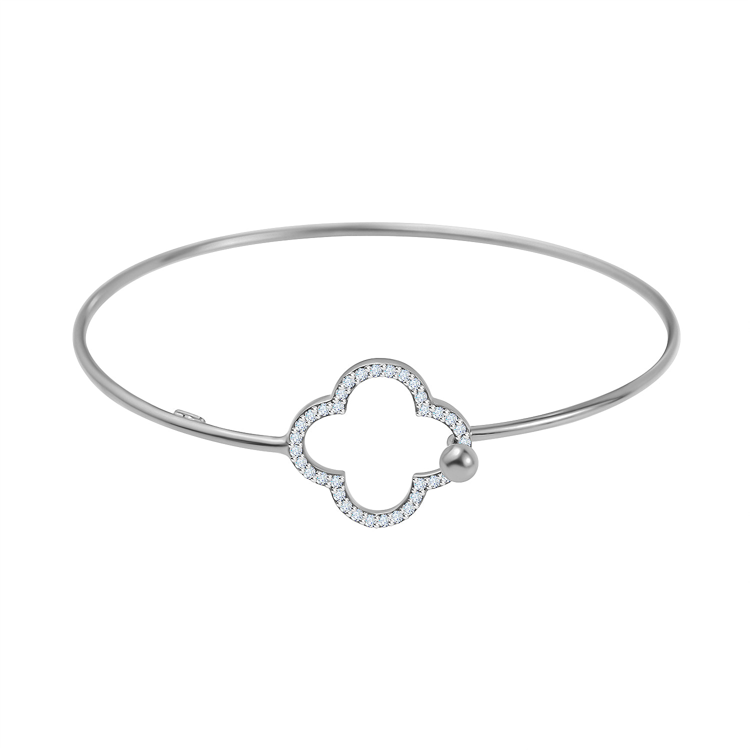 NY Closeout - Zirconia Clover Bangle in Platinum Overlay Sterling Silver (Size - 7.5)