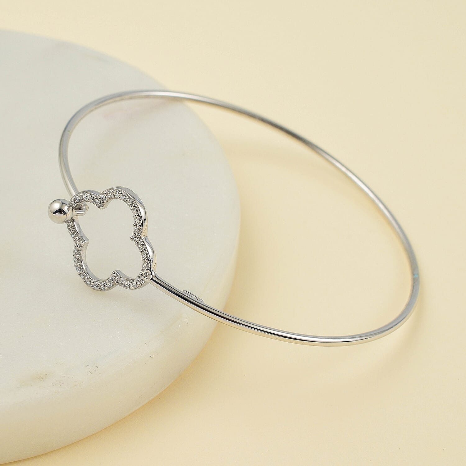 Designer Inspired - Cubic Zirconia Clover Bangle in Platinum Overlay Sterling Silver (Size - 7.5)