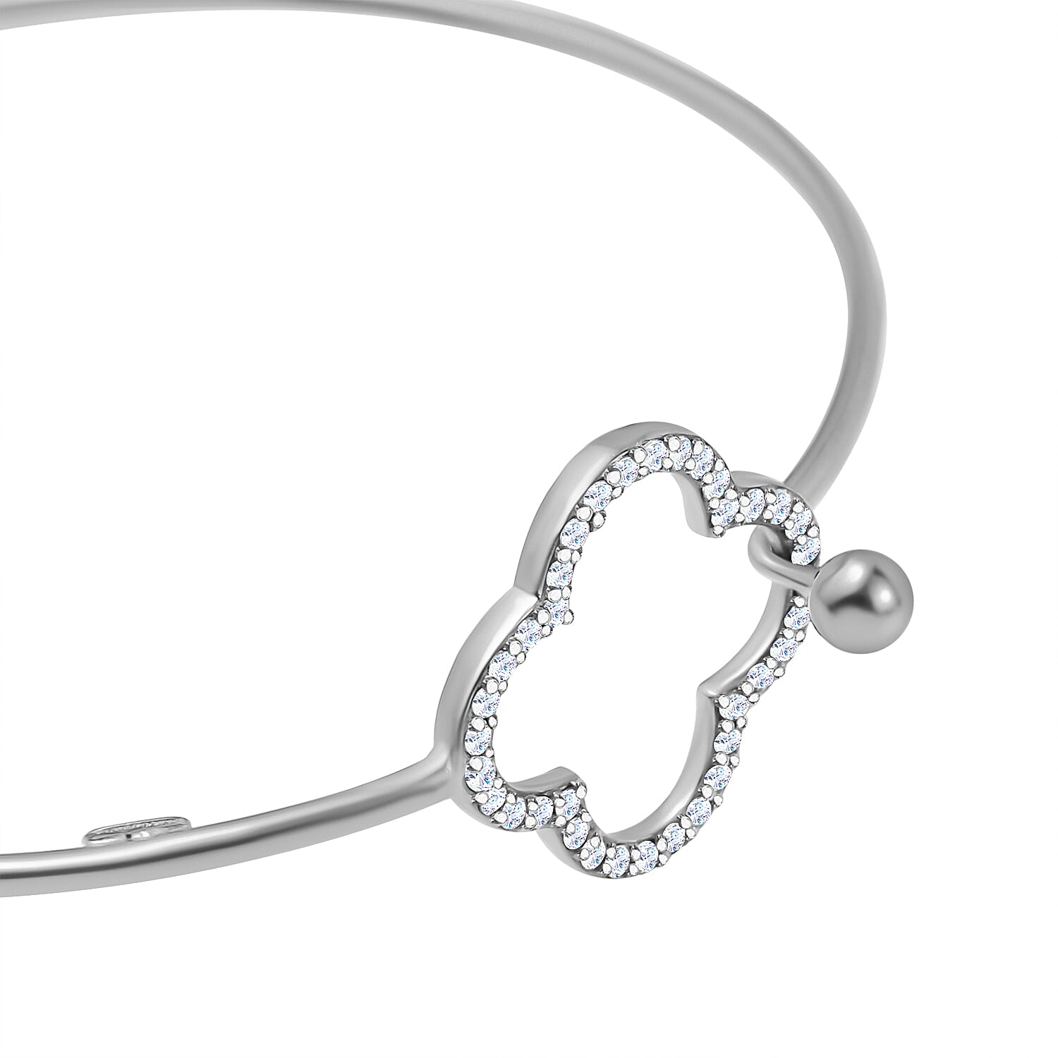 Designer Inspired - Cubic Zirconia Clover Bangle in Platinum Overlay Sterling Silver (Size - 7.5)