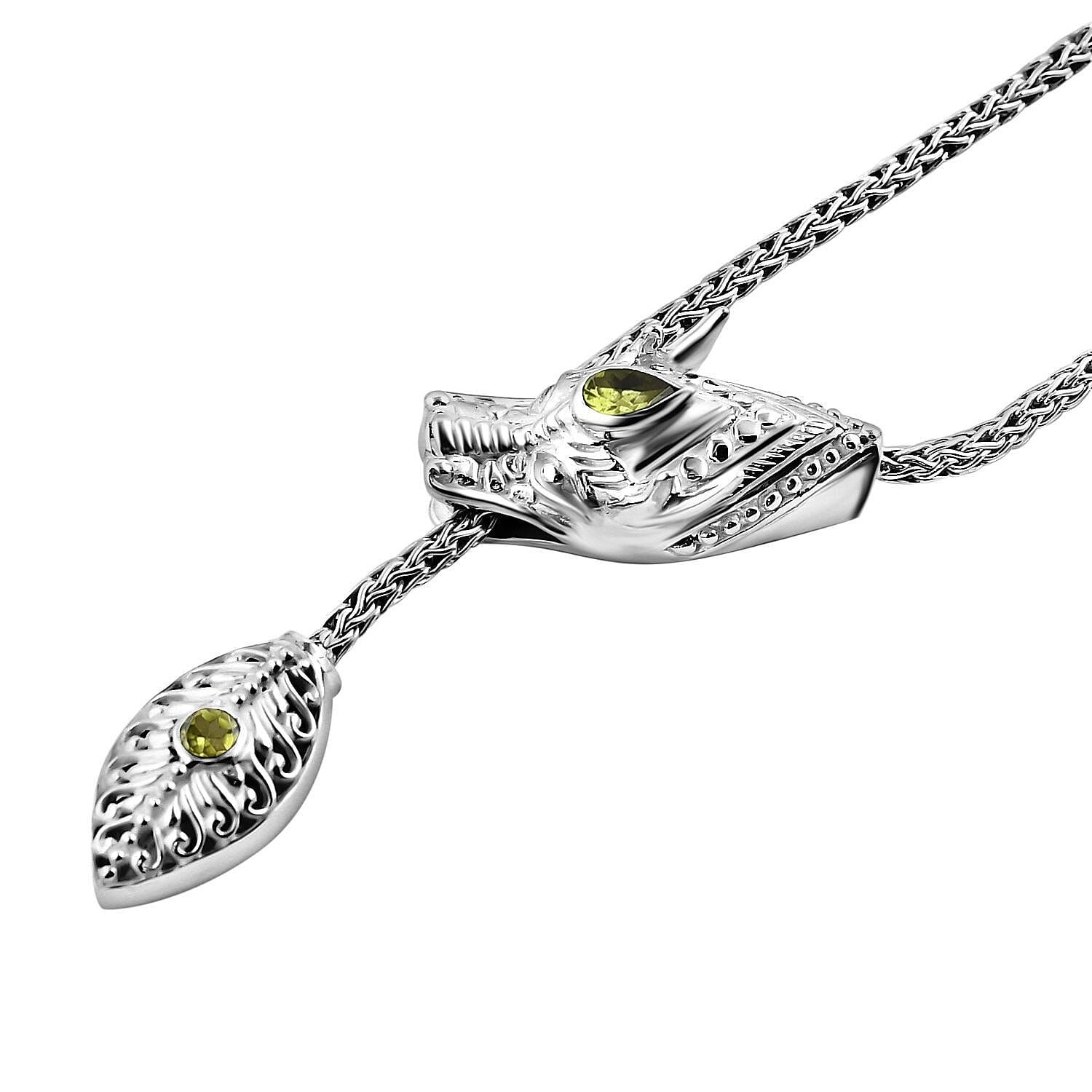 Royal Bali Collection - Hebei Peridot Dragon Necklace (Size 24) in Sterling Silver, Silver Wt. 30.60 GM