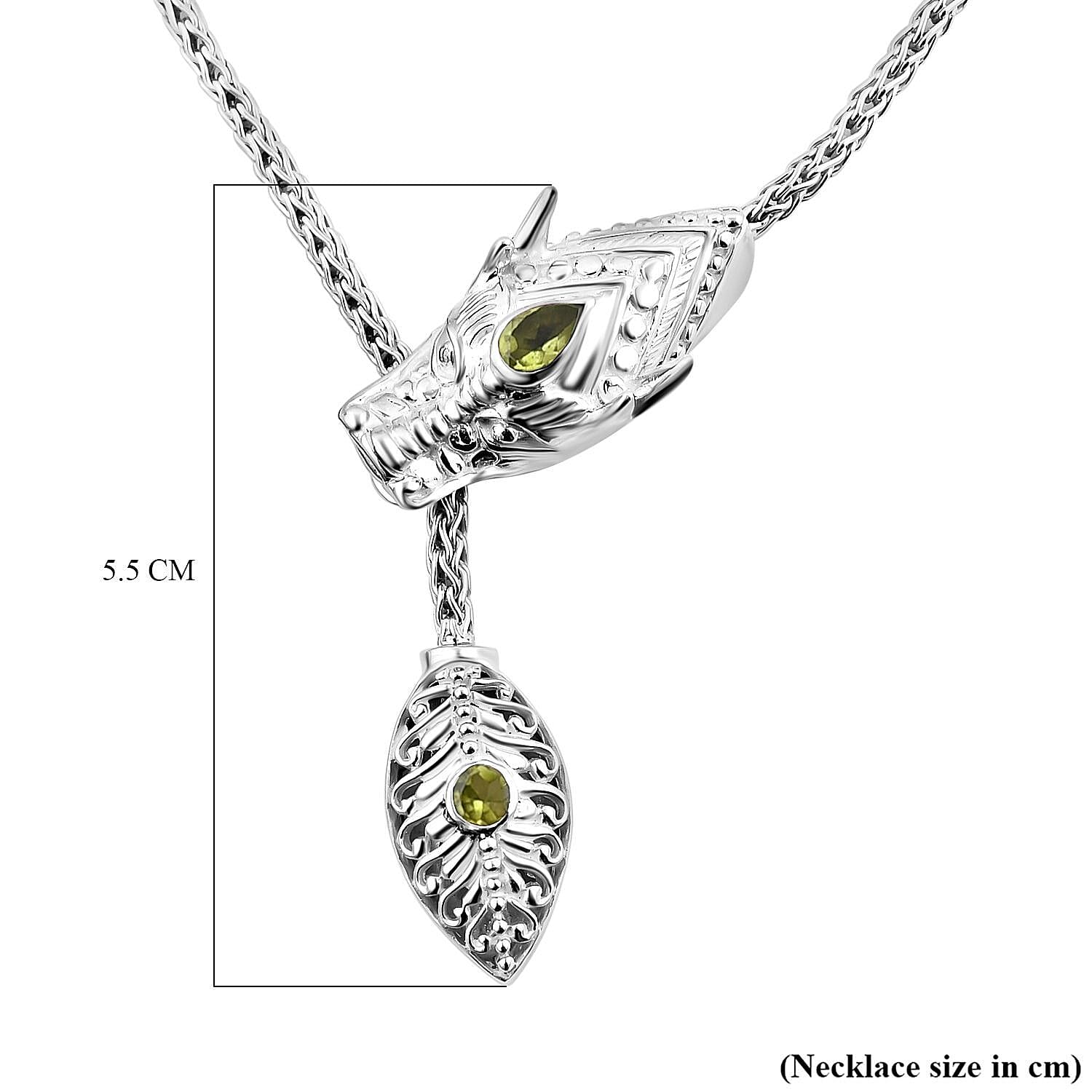 Royal Bali Collection - Hebei Peridot Dragon Necklace (Size 24) in Sterling Silver, Silver Wt. 30.60 GM
