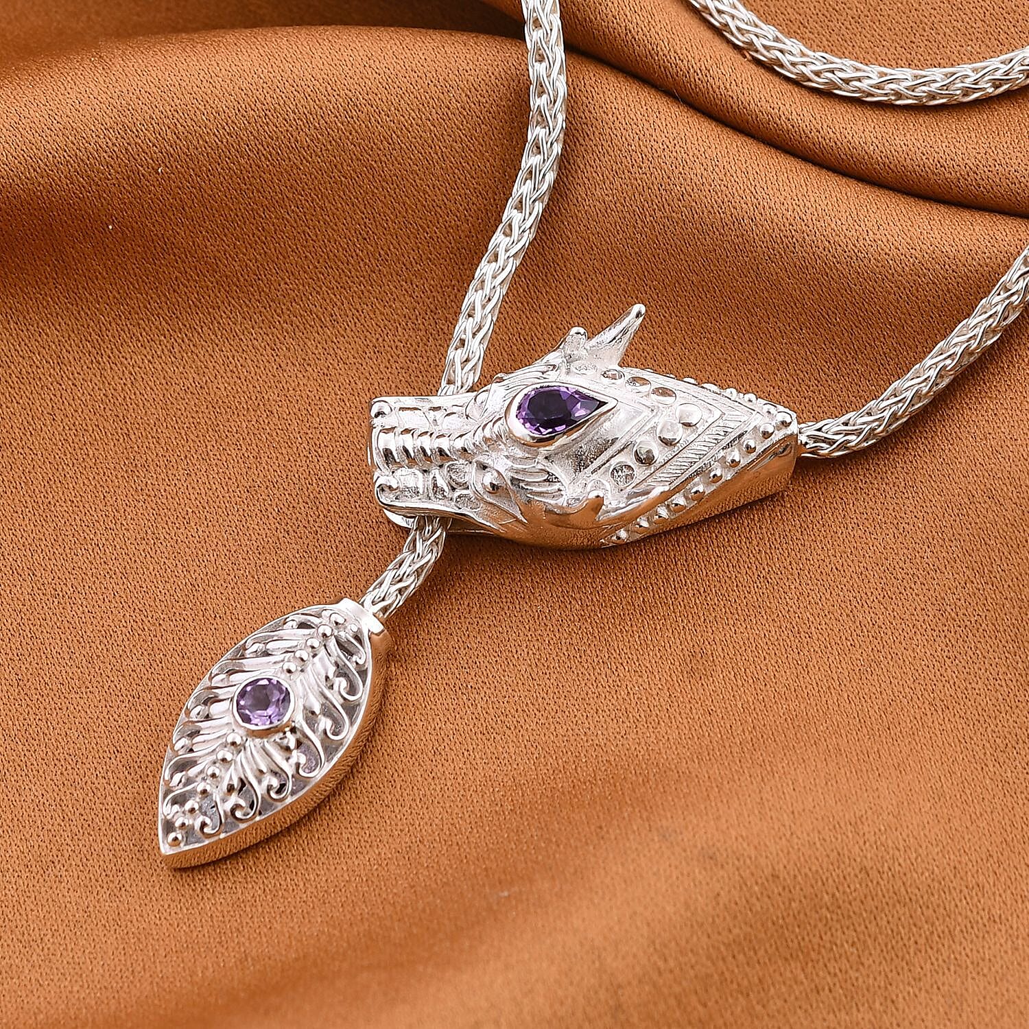 Royal Bali Collection - Amethyst Dragon Necklace (Size 24) in Sterling Silver, Silver Wt 30.60 GM