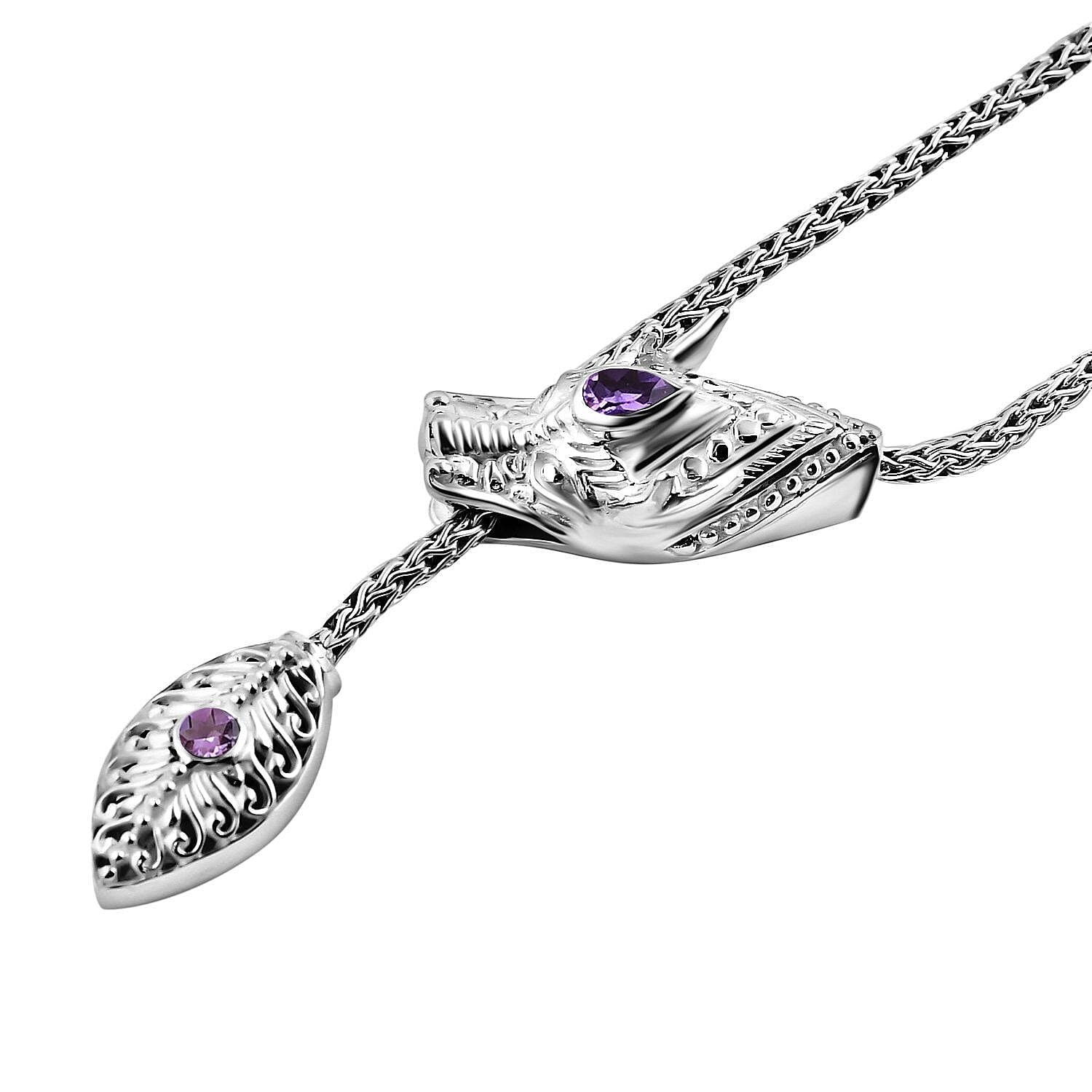 Royal Bali Collection - Amethyst Dragon Necklace (Size 24) in Sterling Silver, Silver Wt 30.60 GM