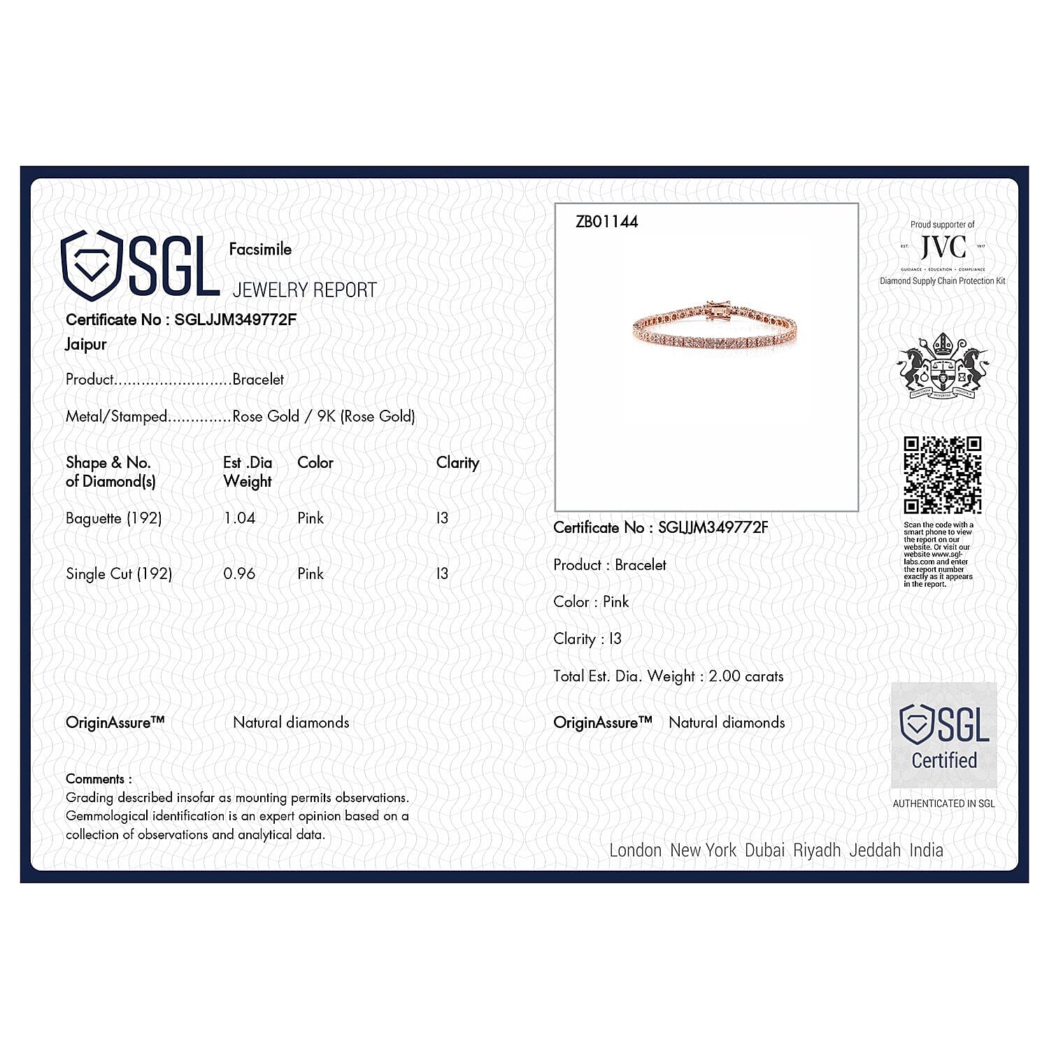 Limited Edition- 9K Rose Gold SGL Certified Natural Pink Diamond Tennis Bracelet (Size - 7.5) 2.11 Ct, Gold Wt. 11.73 Gms